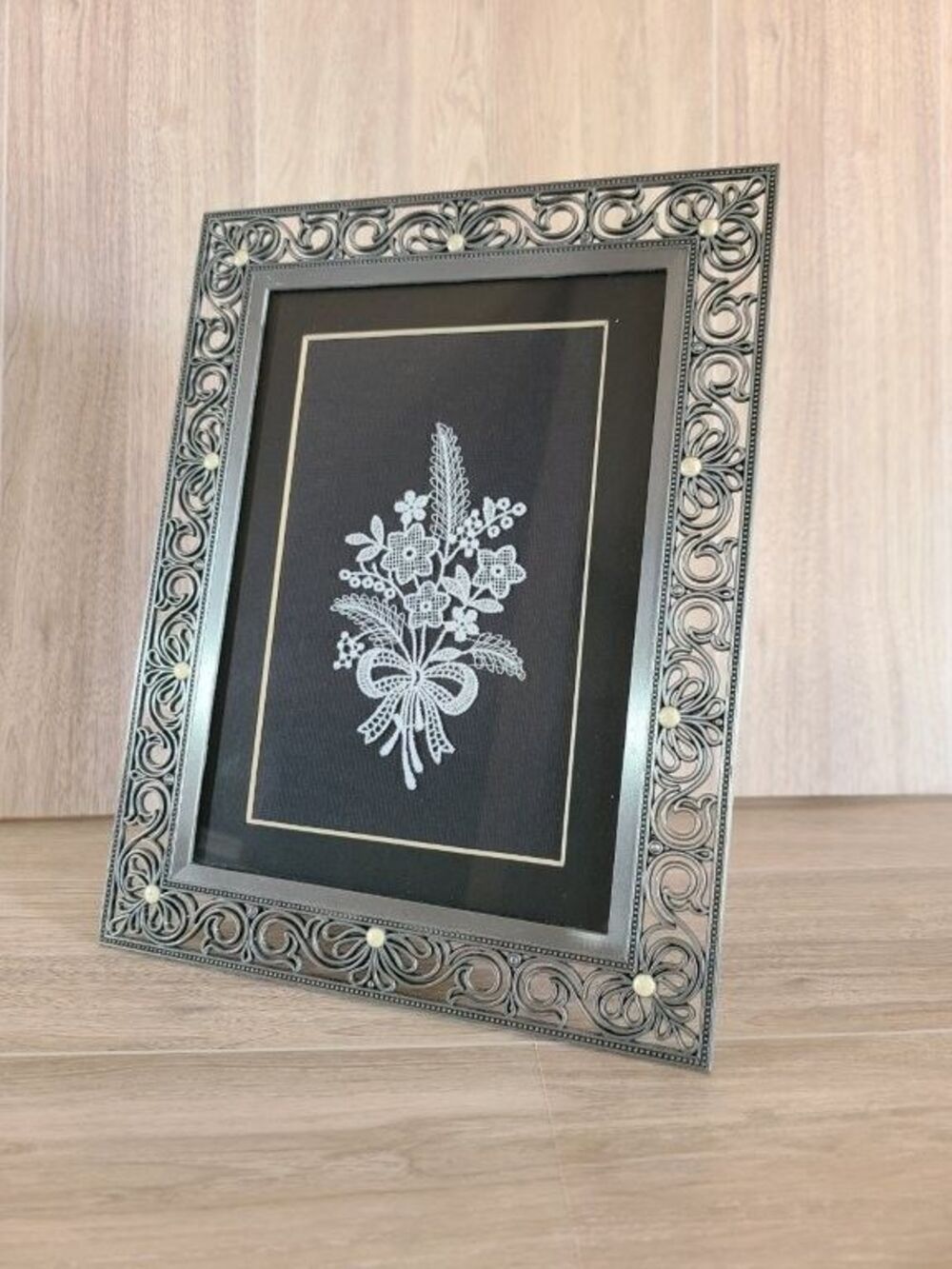 Vintage Ornate Metal Frame Lace Embroidery Floral Wall Art Black Mat